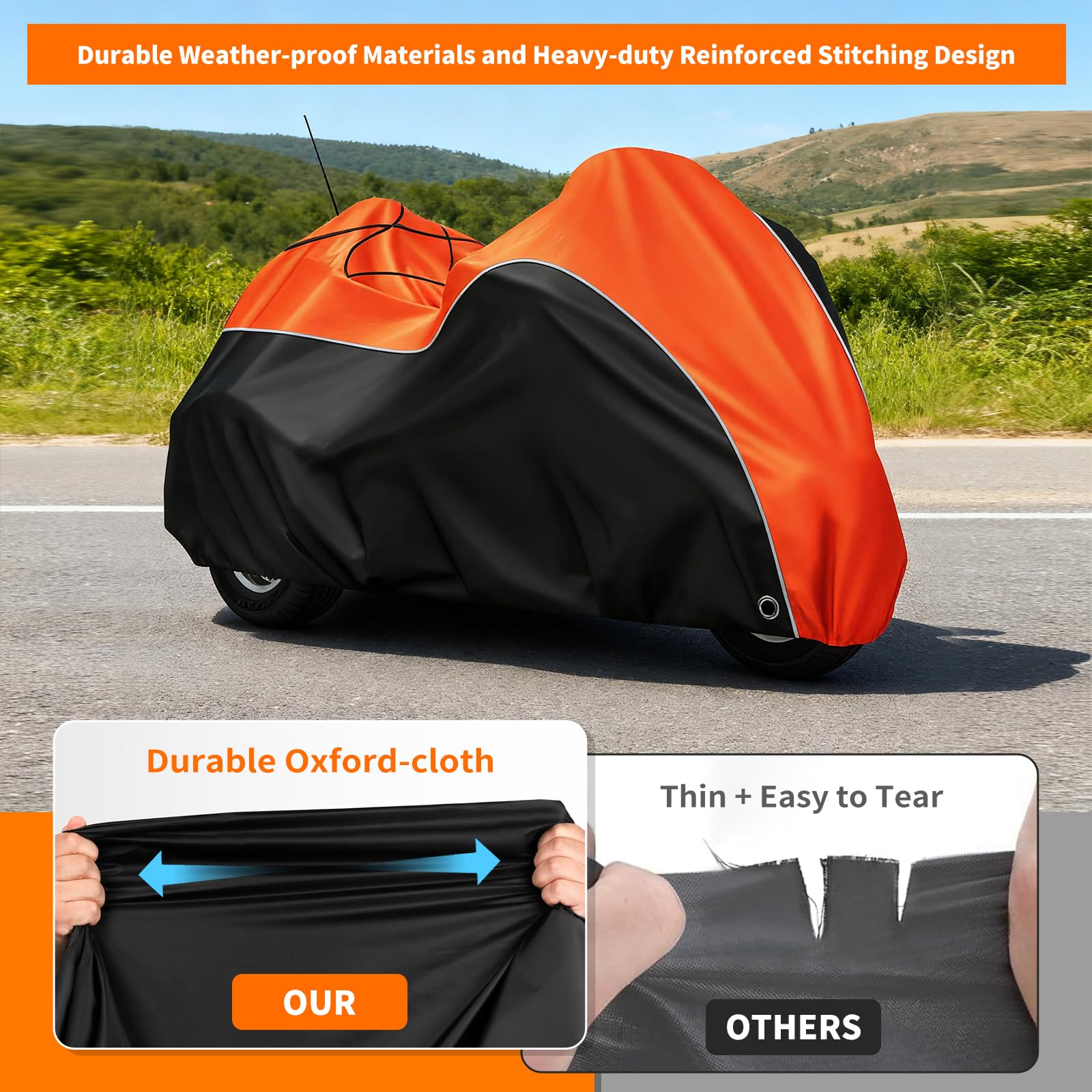 CovERVIN trike cover features reflective strips for safer night parking.