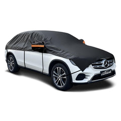 Covverra half car cover shields SUV windshield for quick frost-free mornings.