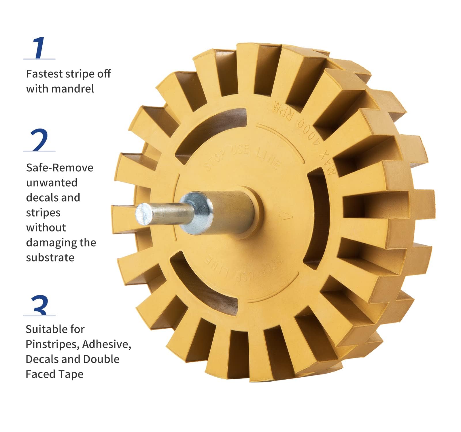 CowboyBOB rubber eraser wheel shown with drill adapter enabling quick adhesive removal.