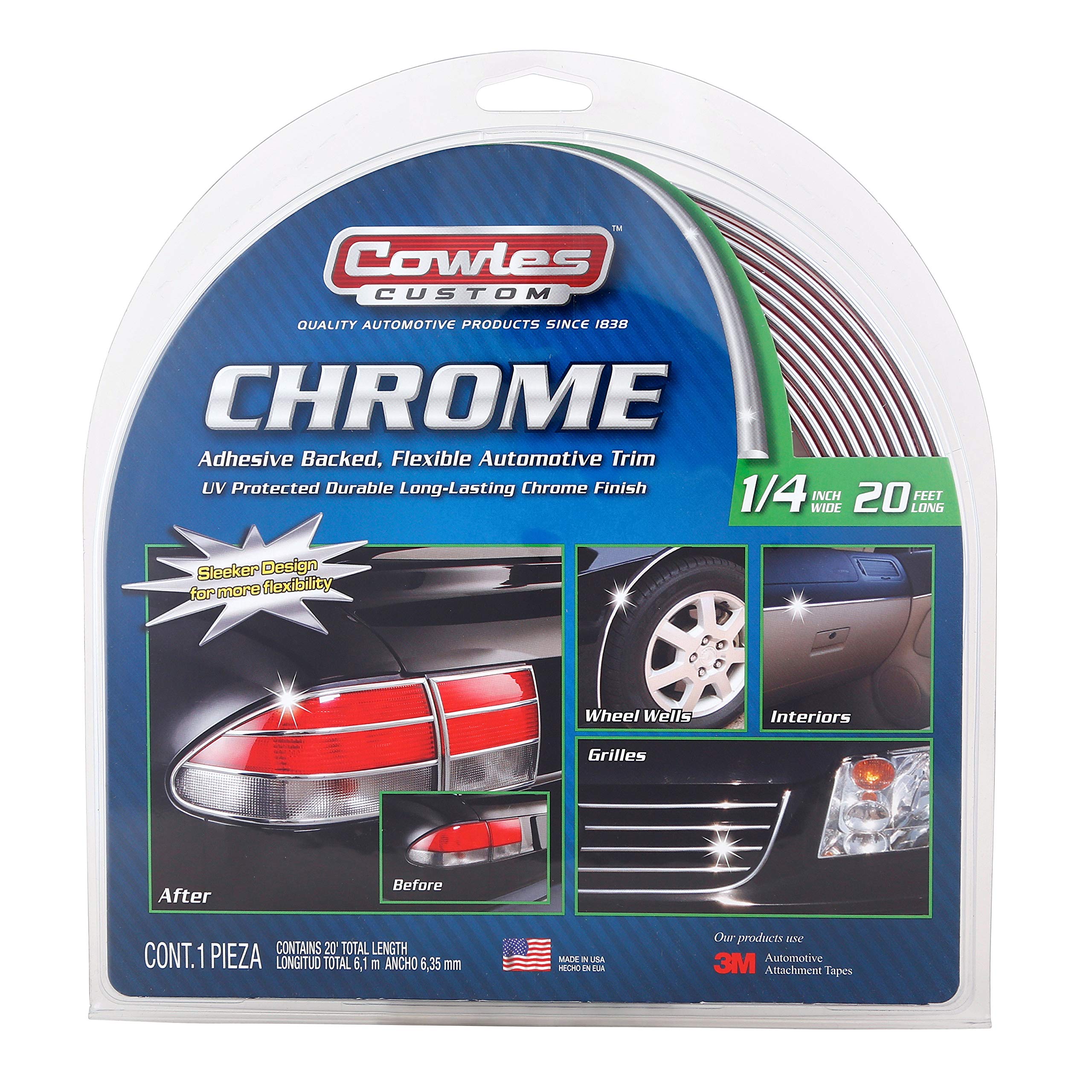 Cowles chrome body molding around vehicle contour for a seamless look and secure attachment.
