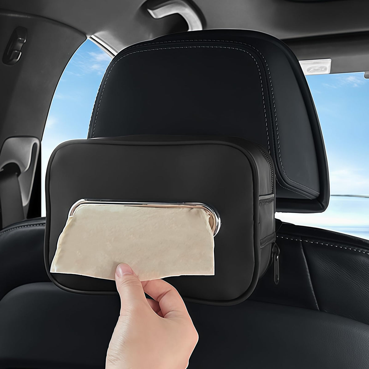 COZILO leather car tissue holder front view with easy access