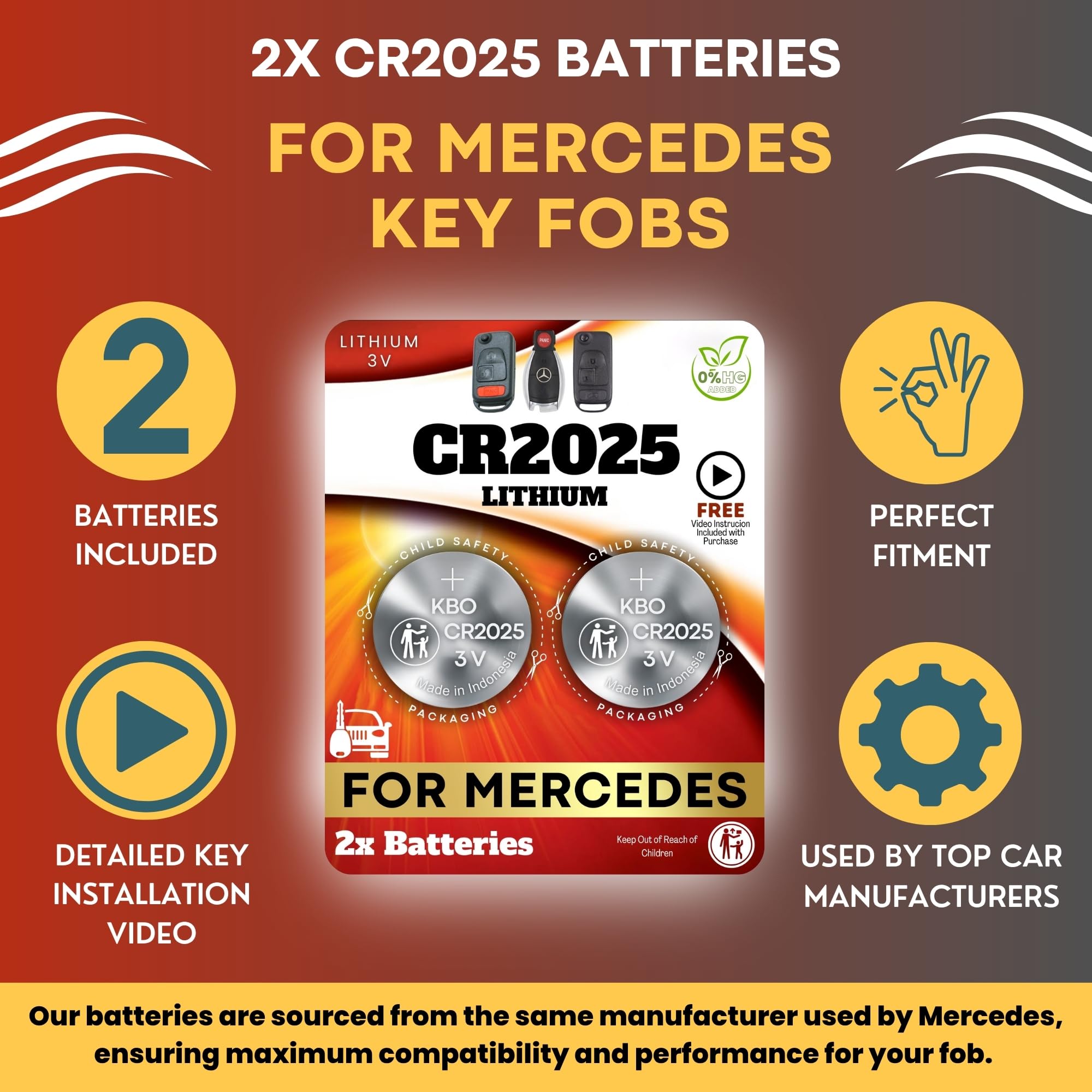 Compatibility guide ensures the CR2025 fits select 1995–2021 Mercedes models.