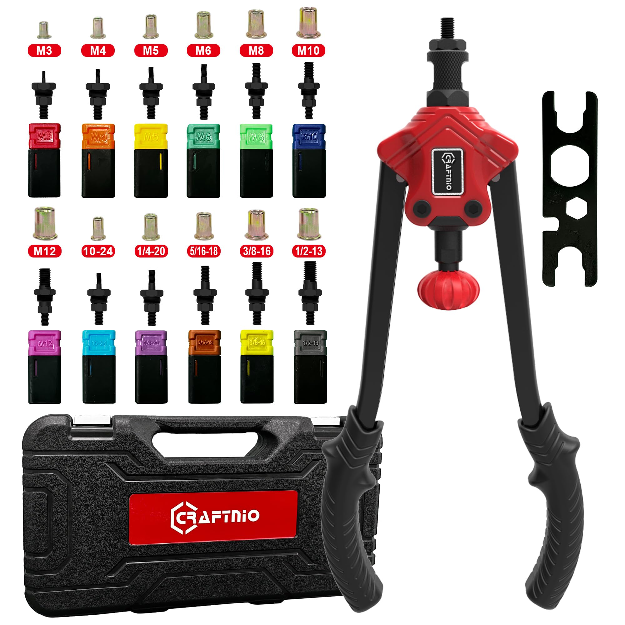 CRAFTNIO Rivet Nut Tool Kit carrying case keeps tools organized and portable.