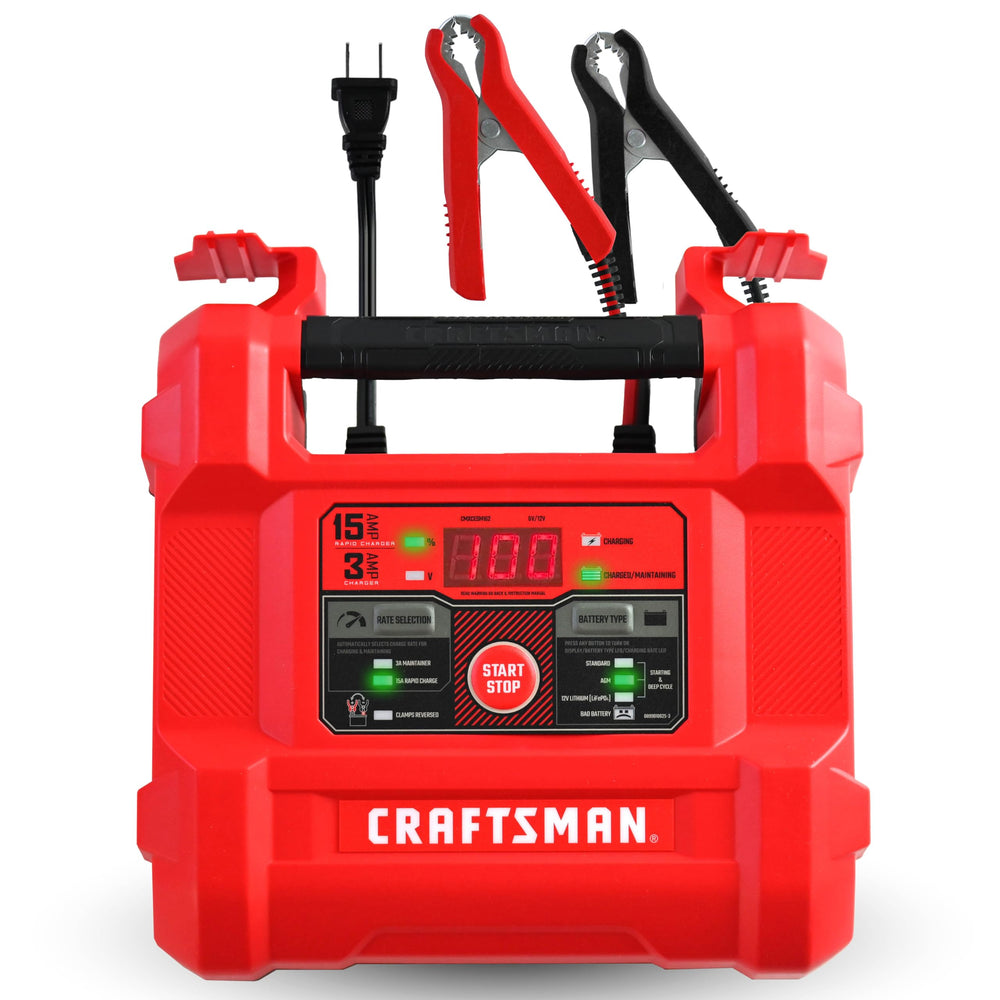 CRAFTSMAN CMXCESM162 front view battery charger with 4-in-1 capabilities for cars, motorcycles, boats