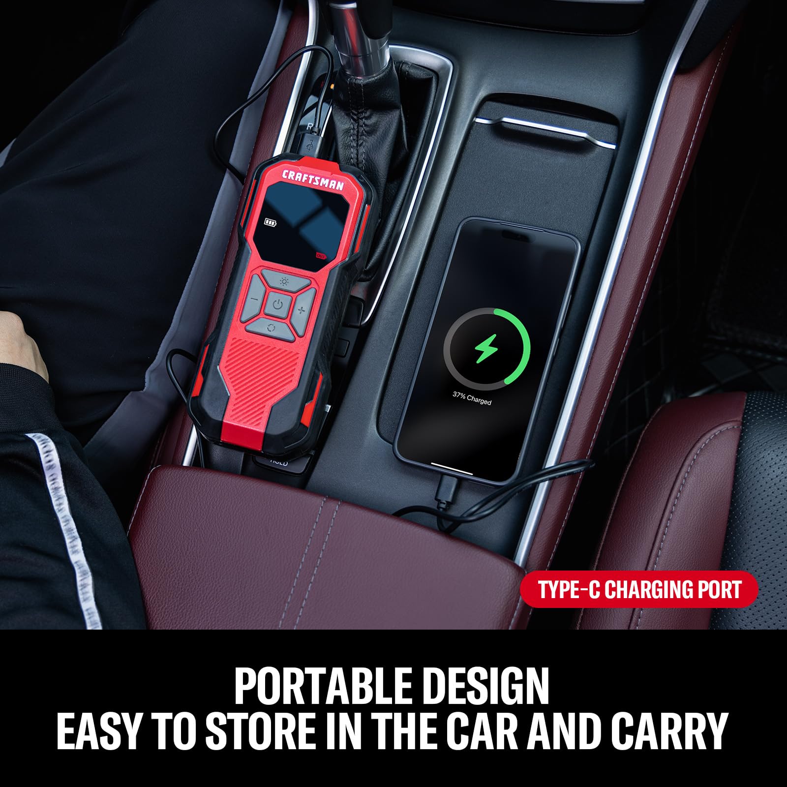CRAFTSMAN accessory kit laid out with extra nozzles and car plug for versatility