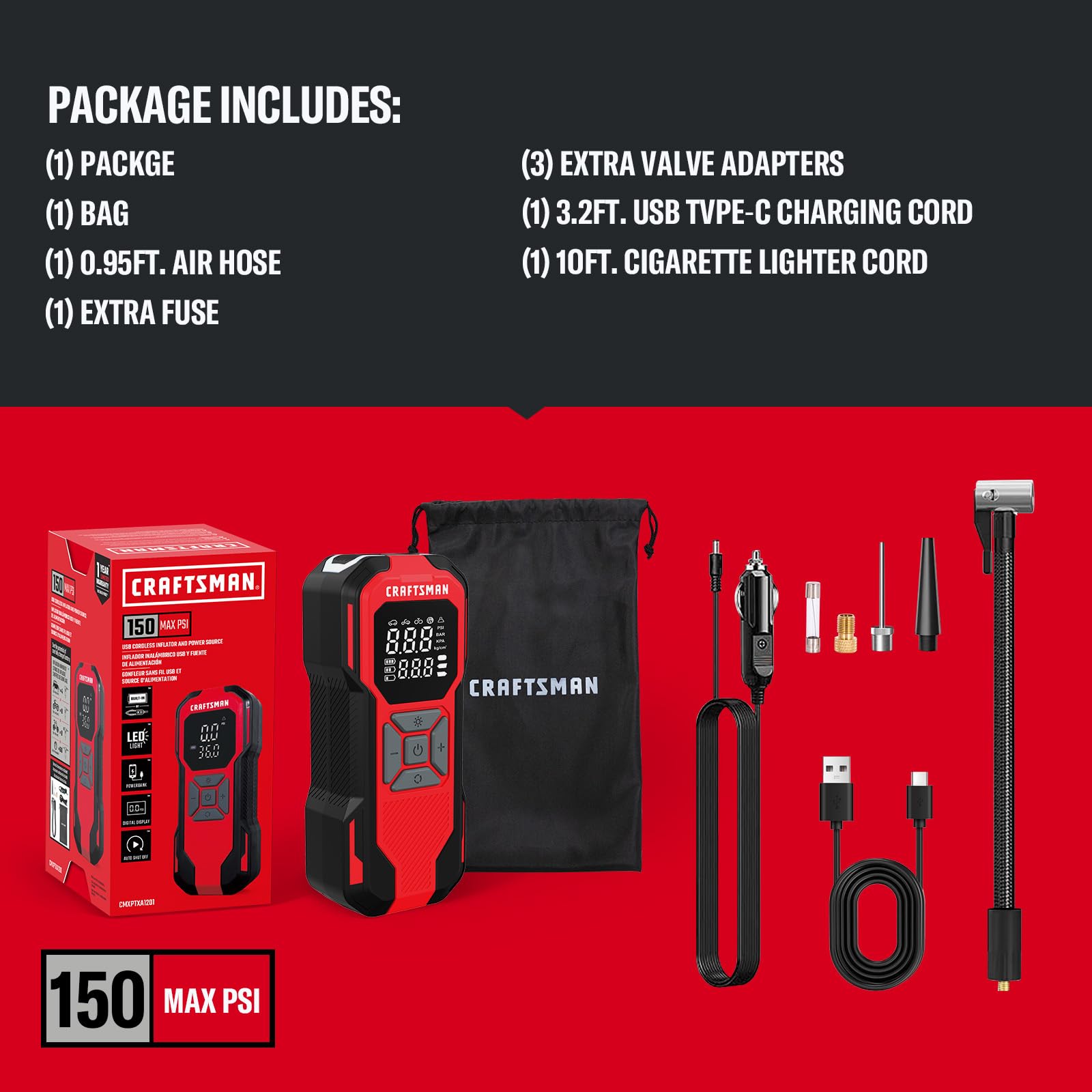 CRAFTSMAN inflator next to hand showing compact size and easy handling