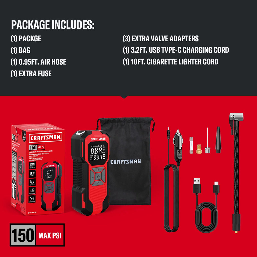 CRAFTSMAN inflator next to hand showing compact size and easy handling