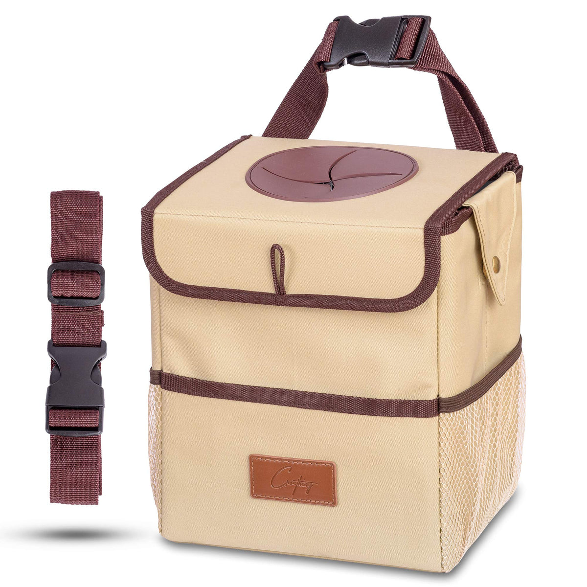 Creathing Car Trash Can Touring Edition shows full capacity with the odor-control lid.