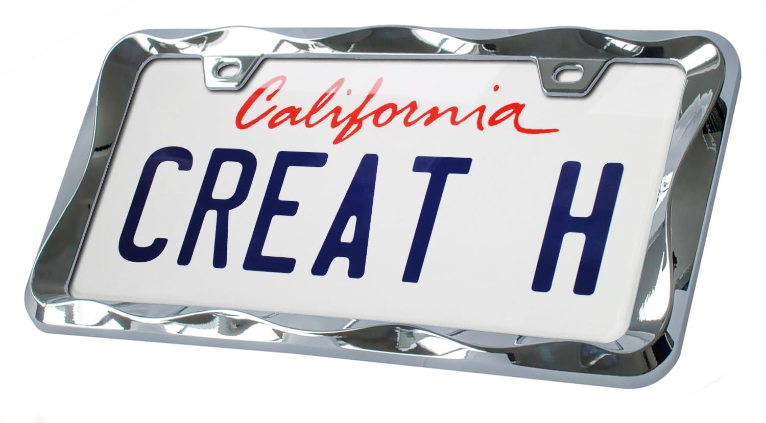 Creathome 3D Curly Wave chrome license frame on car demonstrates fit