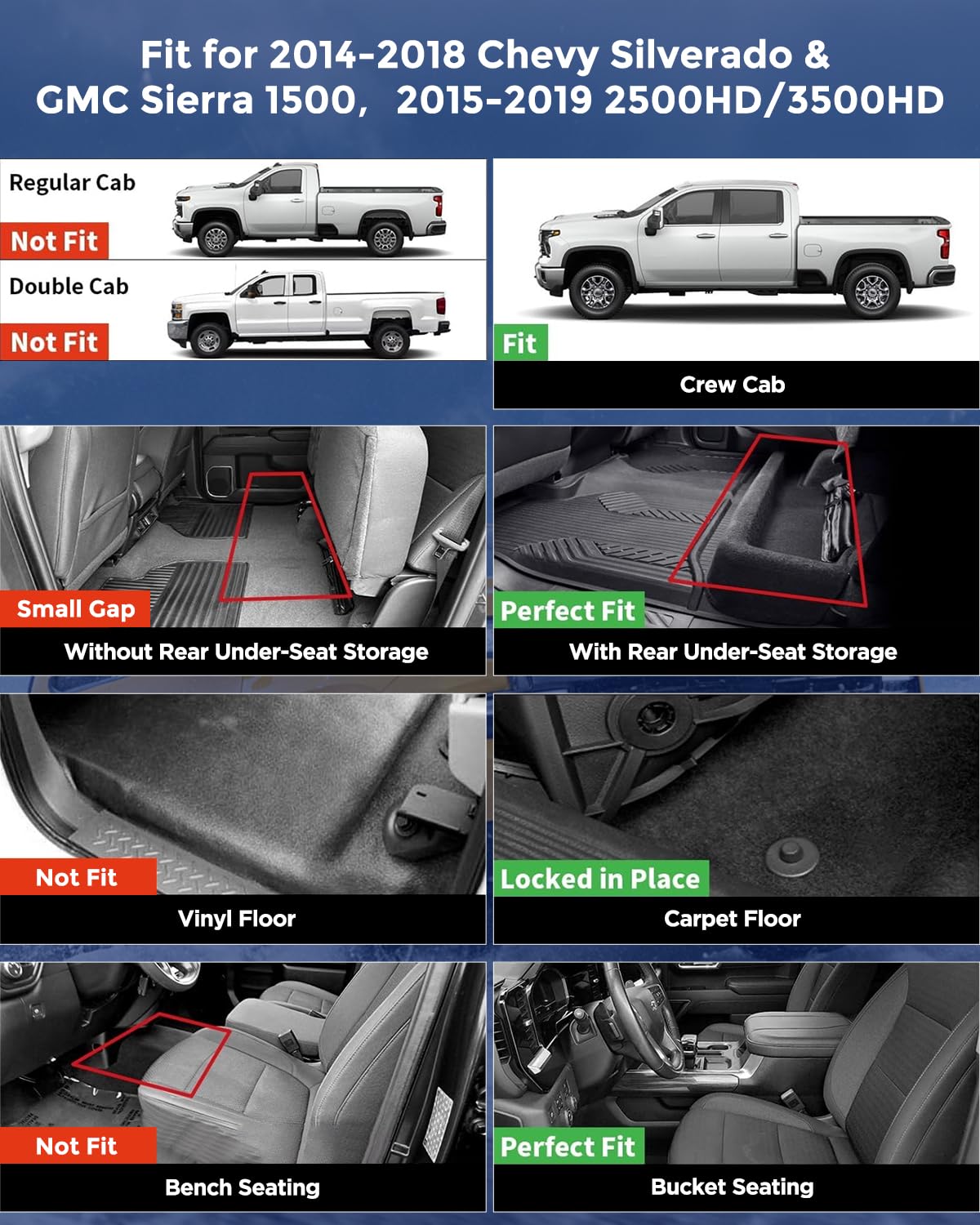 CreekT all-weather floor mats for front bucket seats protect Silverado and Sierra interiors.