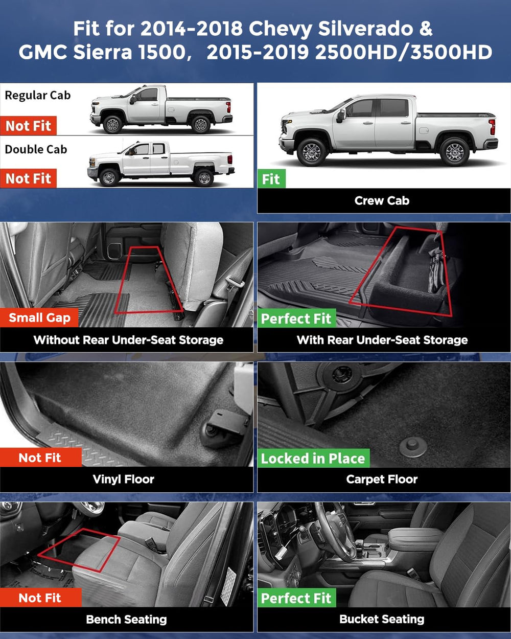 CreekT all-weather floor mats for front bucket seats protect Silverado and Sierra interiors.