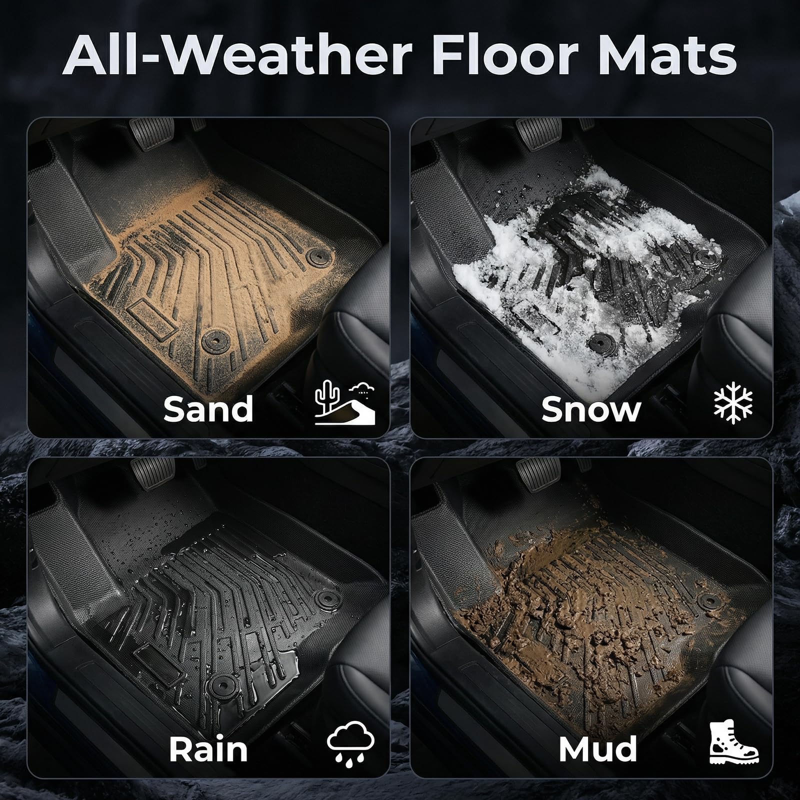 CreekT all-weather-performance-durability demonstrates mats handling rain and mud on road trips.