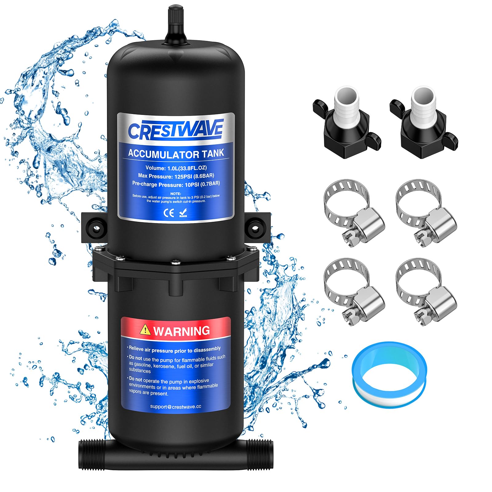 CRESTWAVE 1L accumulator tank front view for steadier RV water pressure