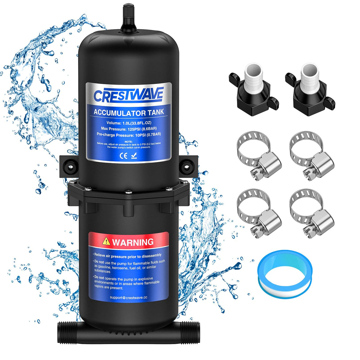 CRESTWAVE 1L accumulator tank front view for steadier RV water pressure