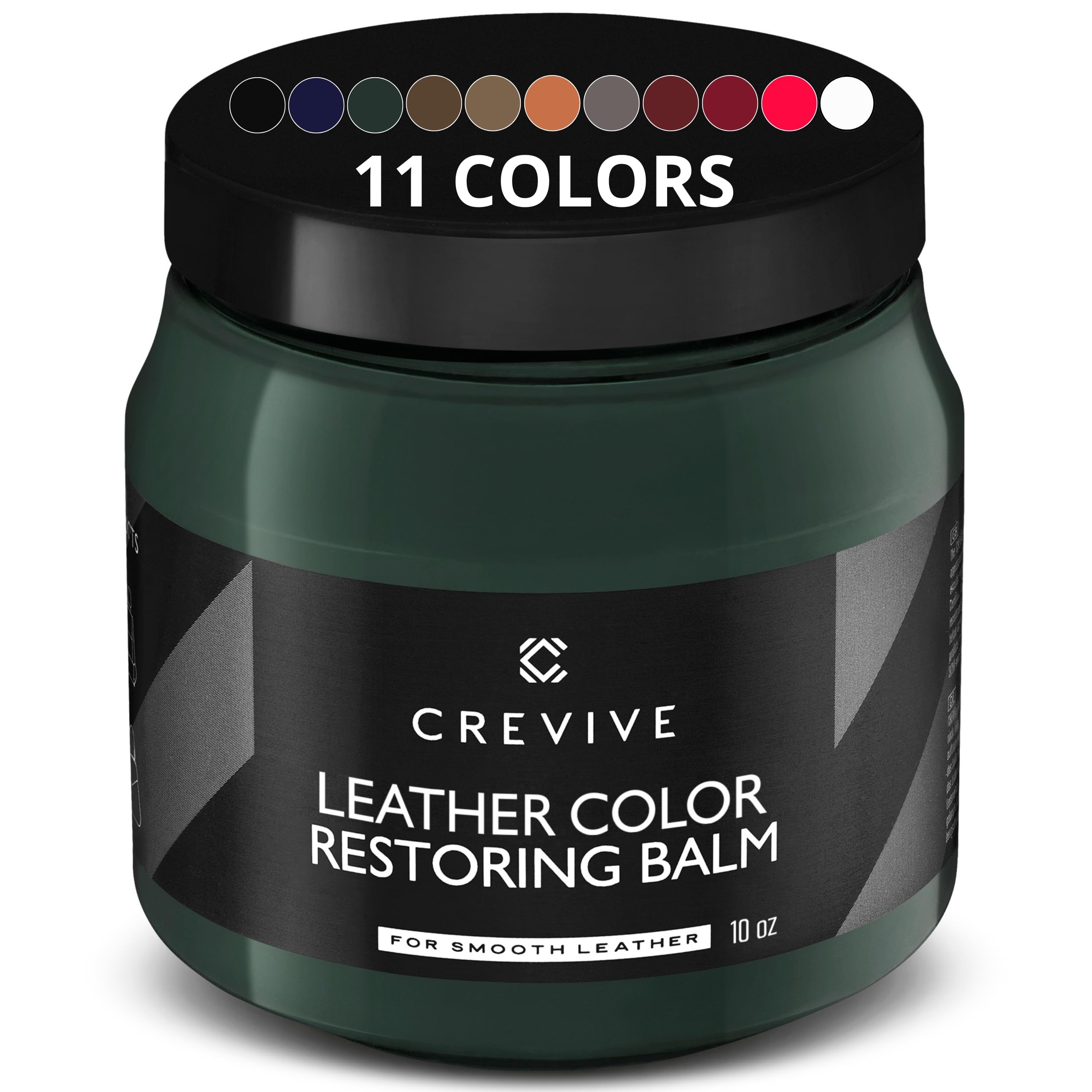 CREVIVE dark green leather balm 10 oz bottle restores color and guards against wear.