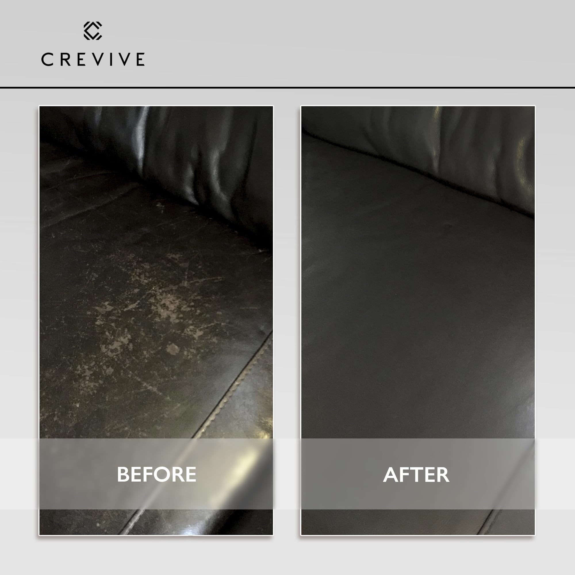 CREVIVE dark green balm on couch leather highlights refreshed, unified color.