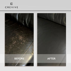CREVIVE dark green balm on couch leather highlights refreshed, unified color.