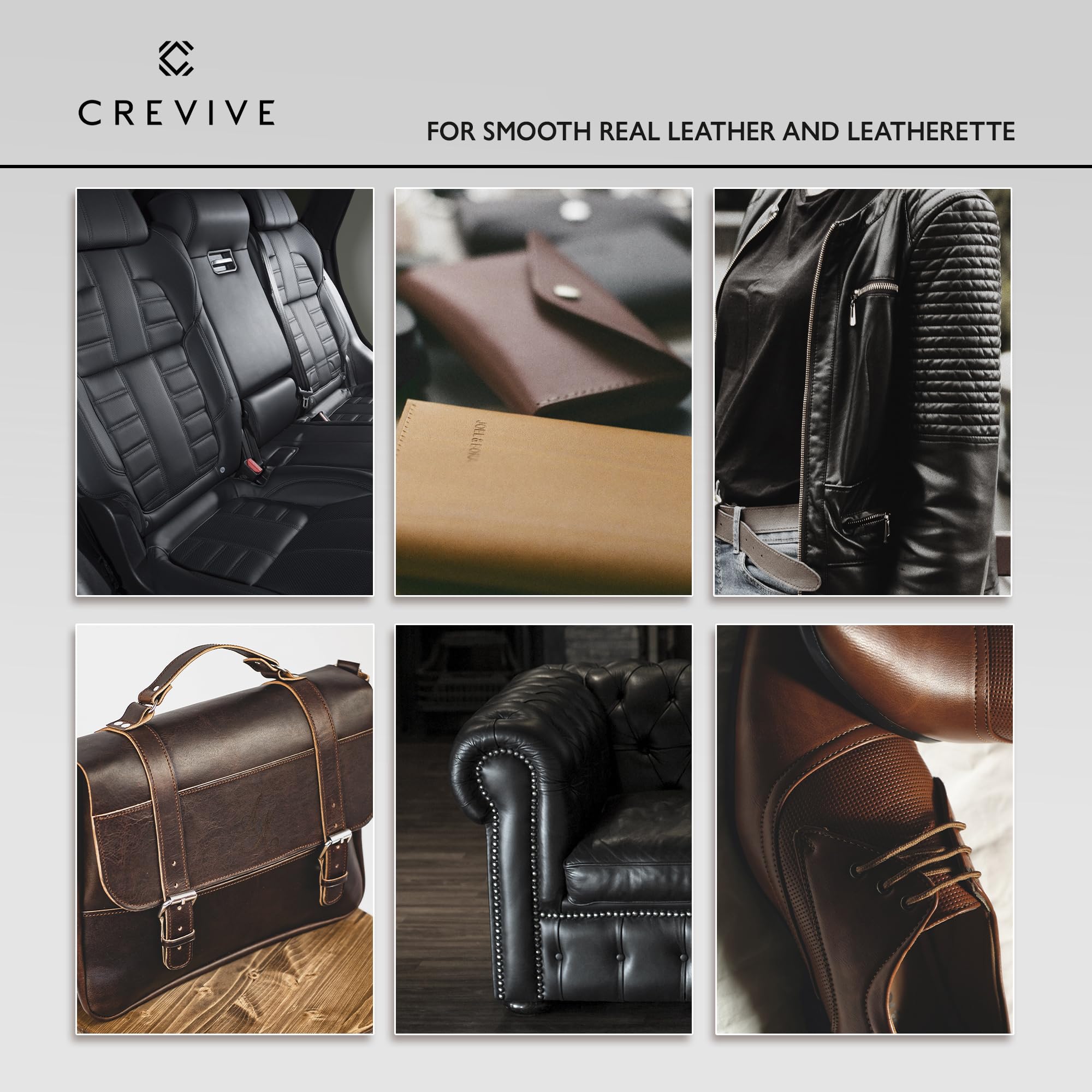 CREVIVE leather care kit with cleaner, restorer, sponge and cloth for easy home maintenance.