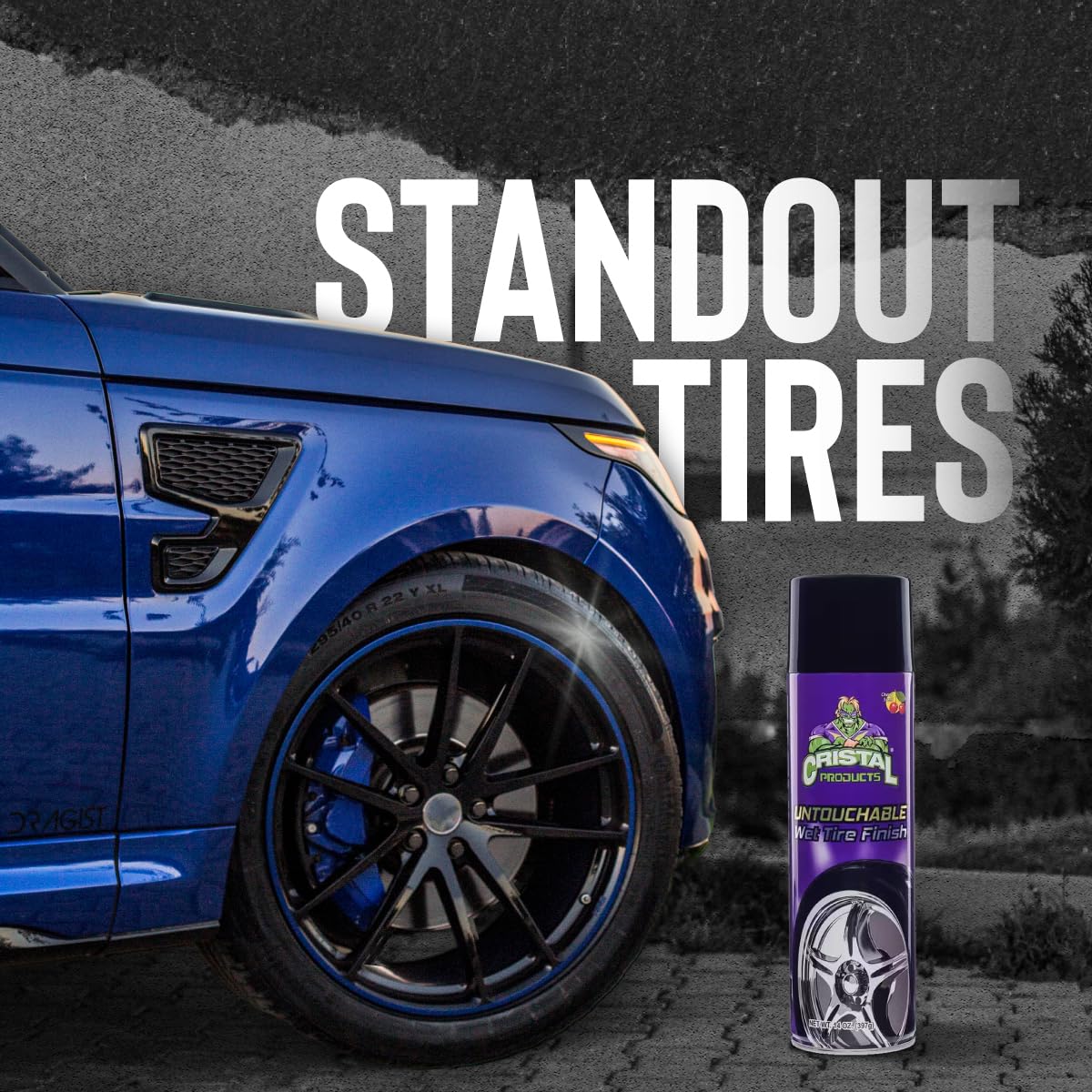 Cristal Untouchable Tire Shine provides visible gloss after application.