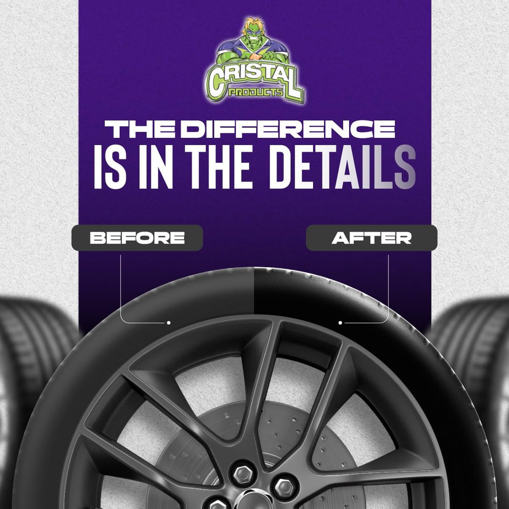 Cristal Products Untouchable Tire Shine Spray misting over a tire for deep gloss.