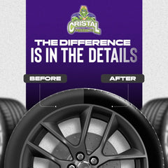 Cristal Products Untouchable Tire Shine Spray misting over a tire for deep gloss.