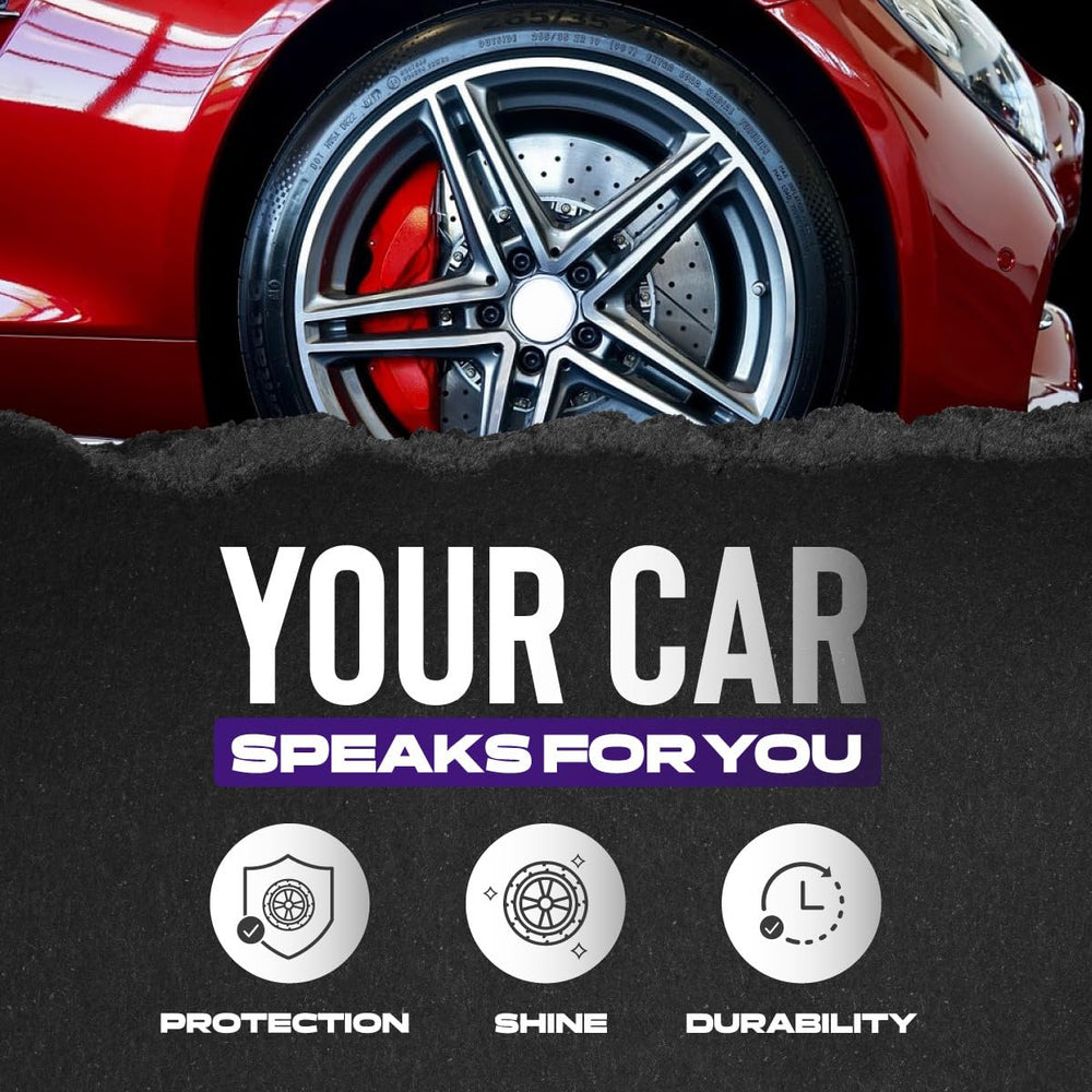 Cristal Products Untouchable Tire Shine Spray highlights a wet-gloss finish on clean tires.