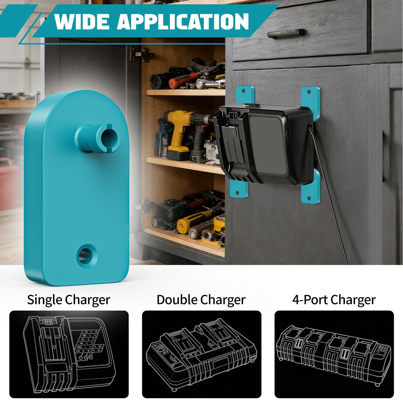Crivnhar Makita DC18RD charger in open-frame wall mount saves desk space