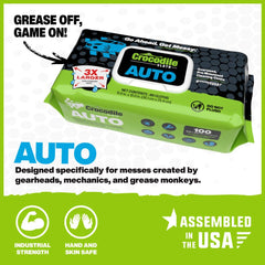 Crocodile Cloth Auto Cleaning Wipes 100 giant wipes show scale and efficiency.