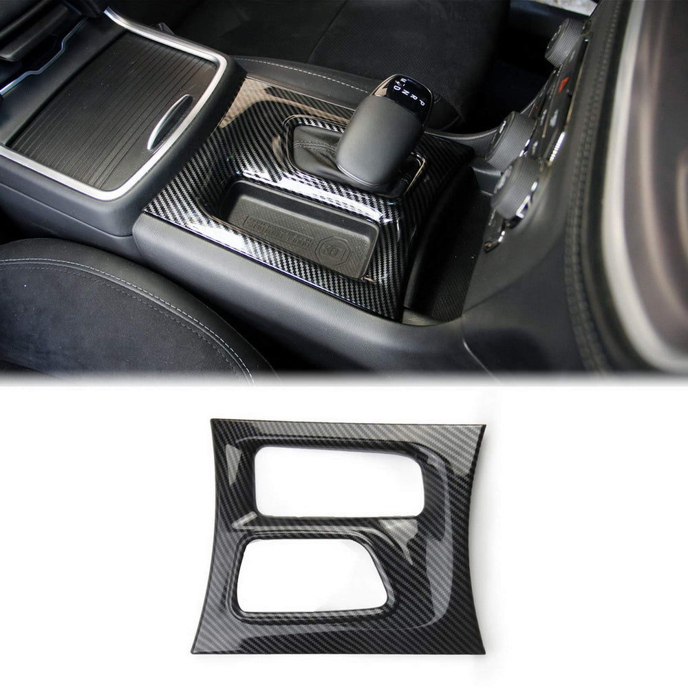 Crosselec carbon fiber gear shift panel on a Dodge Charger front view, sleek black finish.