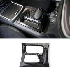 Crosselec carbon fiber gear shift panel on a Dodge Charger front view, sleek black finish.