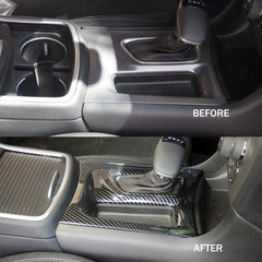Crosselec carbon fiber gear shift panel installed on Charger dash for seamless look.