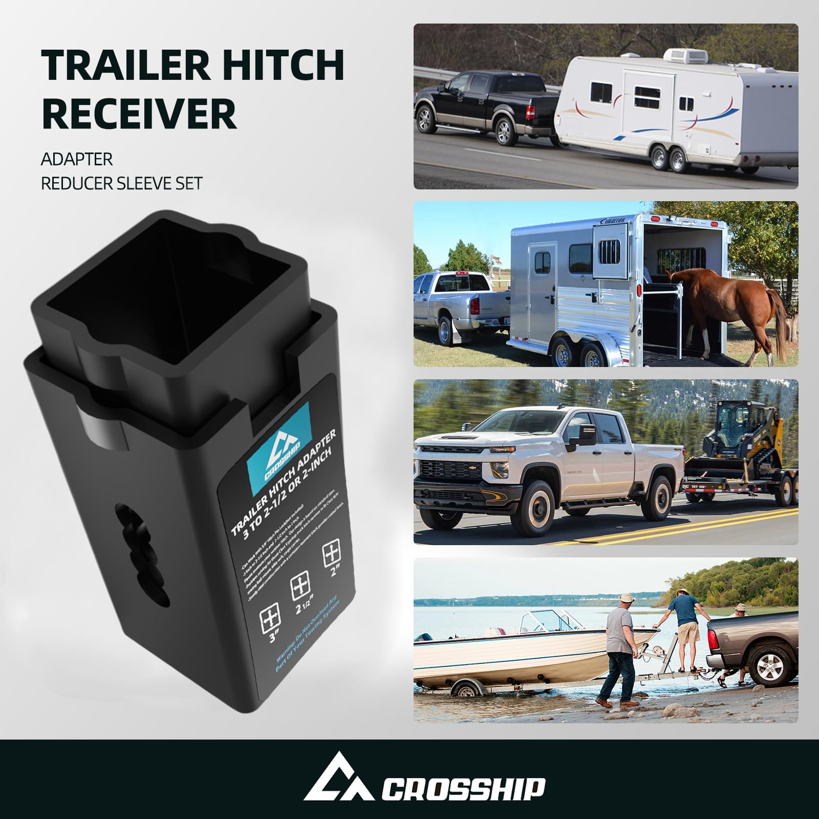 Crosship heavy-duty hitch extension demonstrates durable towing compatibility across vehicles.