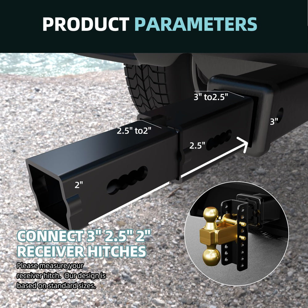 Crosship hitch reducer shows 3-to-2-1-2 inch to 2-inch transition for compatibility.
