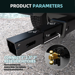 Crosship hitch reducer shows 3-to-2-1-2 inch to 2-inch transition for compatibility.