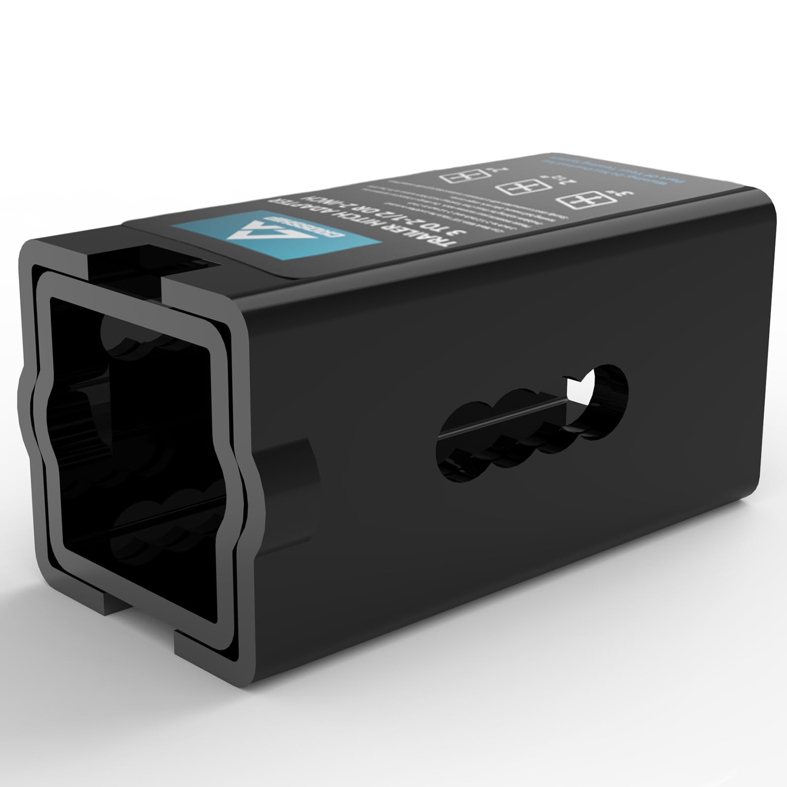 Crosship trailer hitch adapter demonstrates 3-to-2-1-2 inch conversion for different receivers.