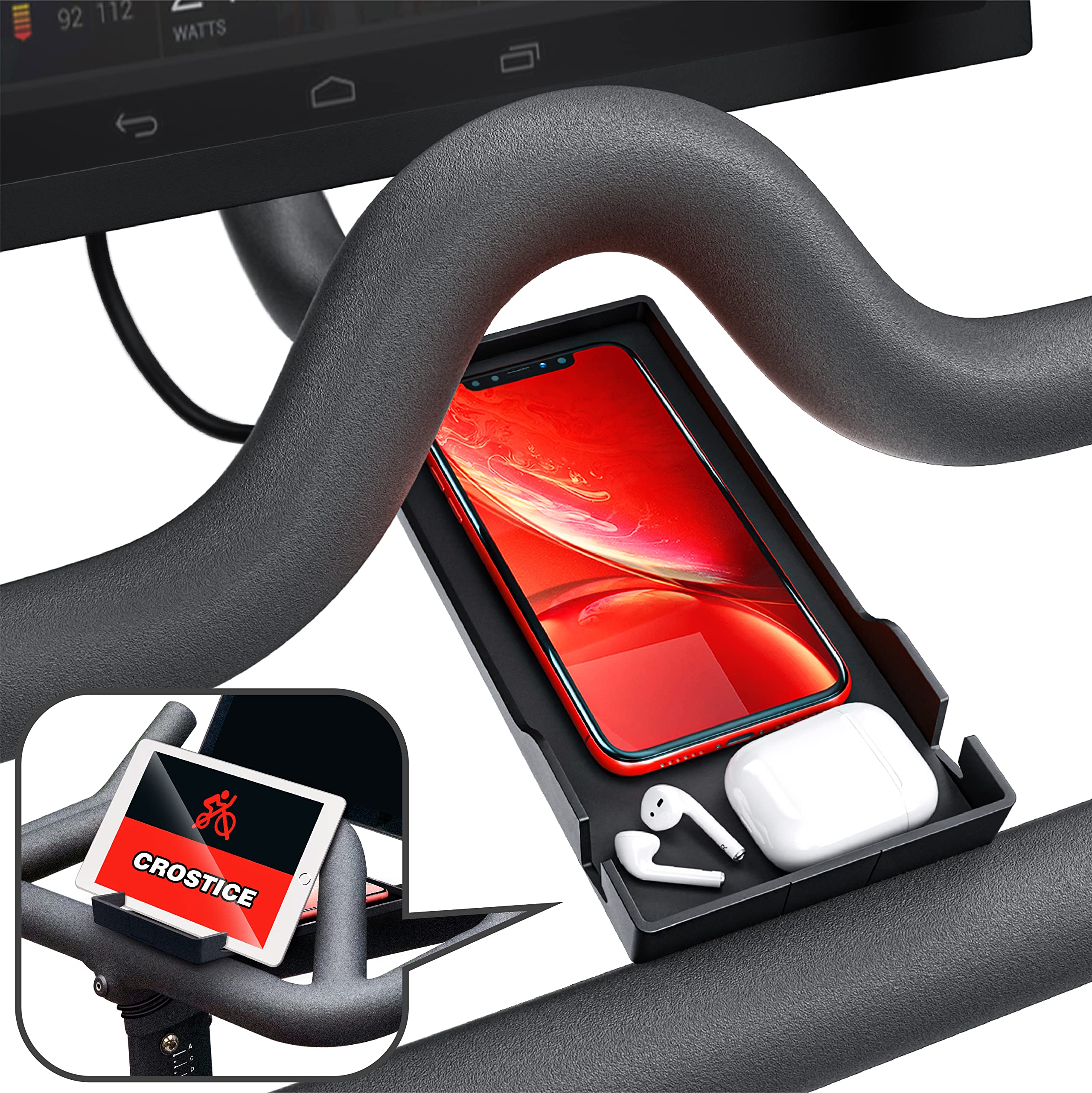 Crostice phone holder on a Peloton bike, secure and within reach.