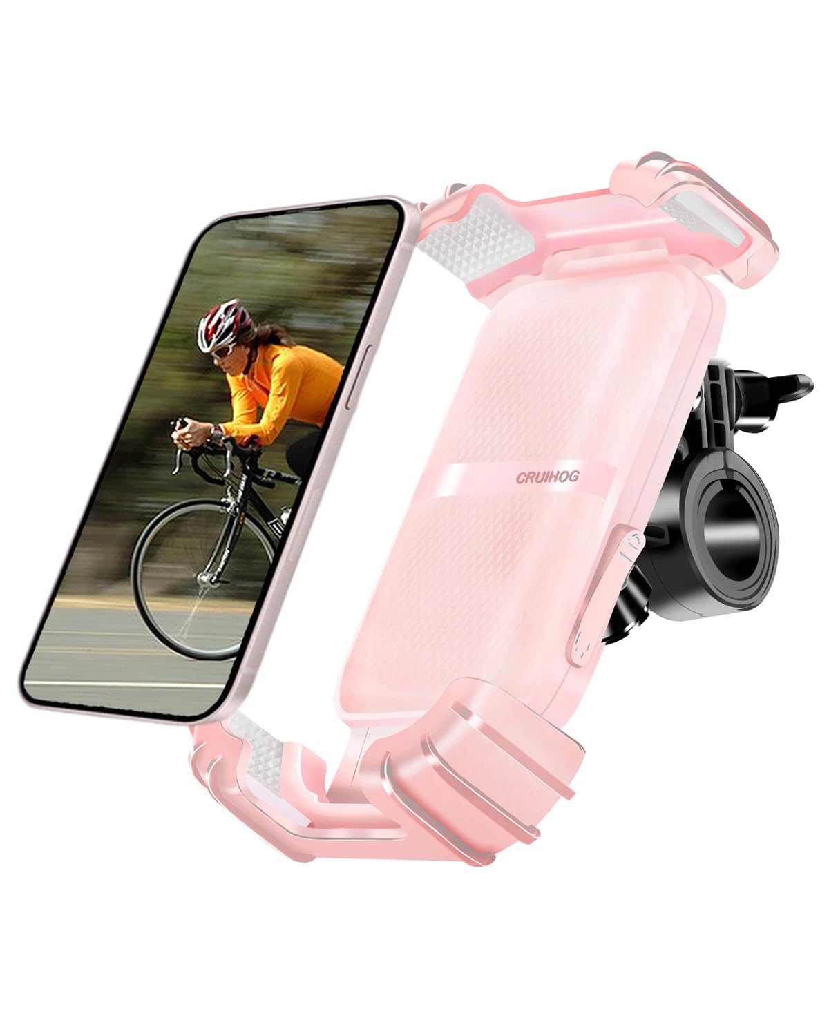 CRUIHOG bicycle phone holder mounted on a handlebar for secure on-road use.