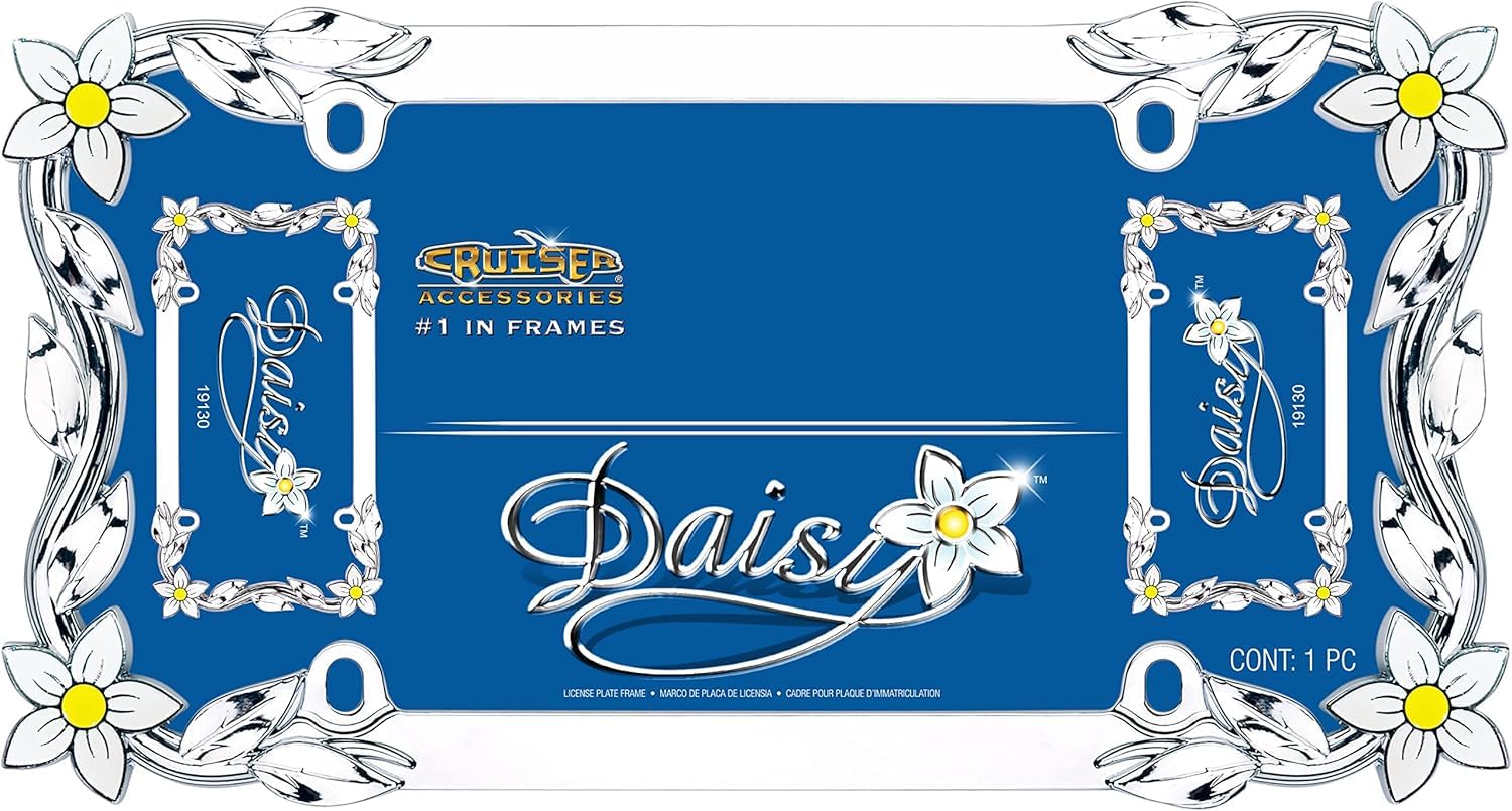 Cruiser Accessories daisy license frame side angle showing chrome shine