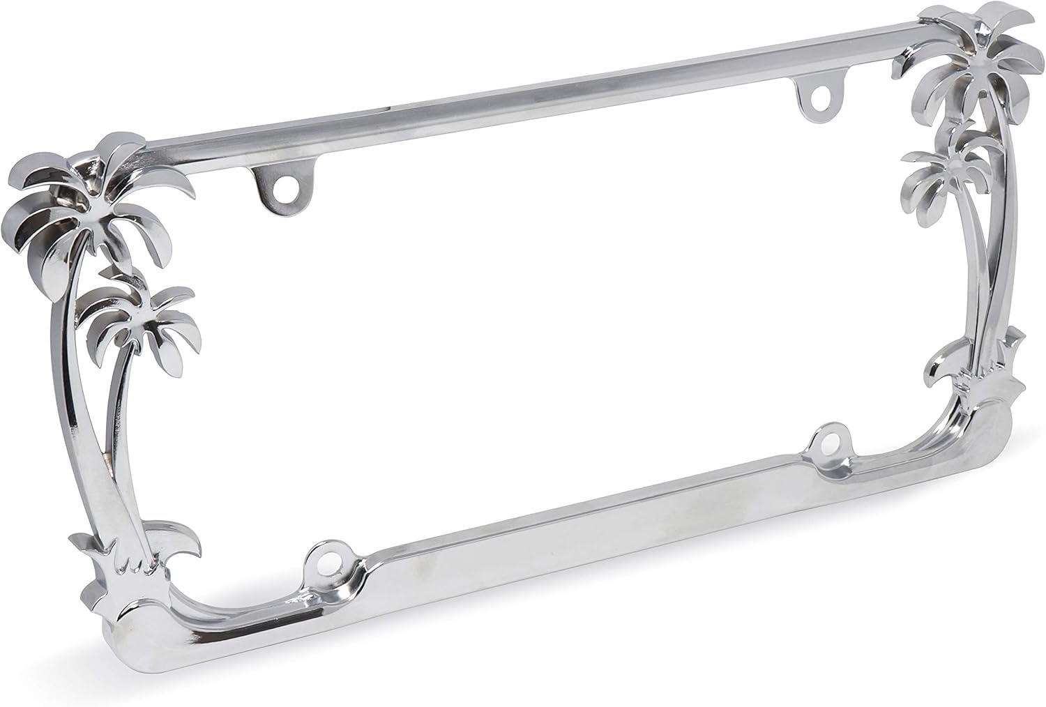 Cruiser Accessories palm tree license frame chrome front view highlights tropical flair.