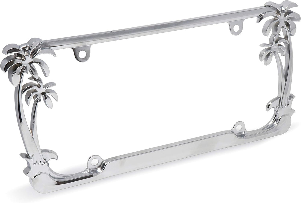 Cruiser Accessories palm tree license frame chrome front view highlights tropical flair.