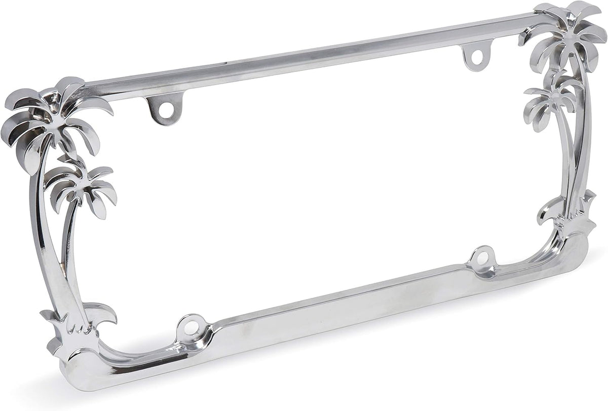 Cruiser Accessories palm tree license frame chrome front view highlights tropical flair.