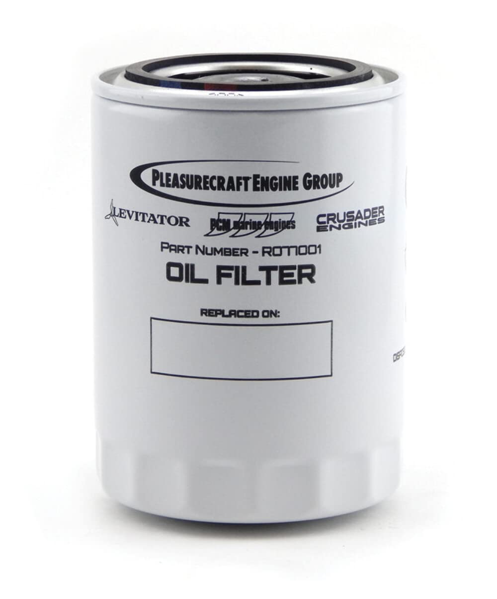 Crusader Marine R077001 oil filter, side view, supports reliable engine oil flow for marine use.