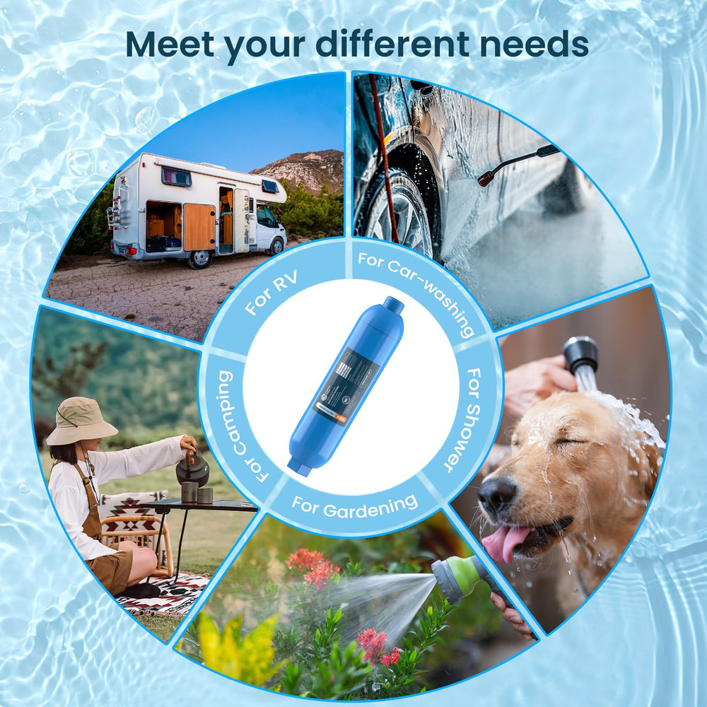 Crystala quick-install inline filter fits standard three-quarter-inch hoses.