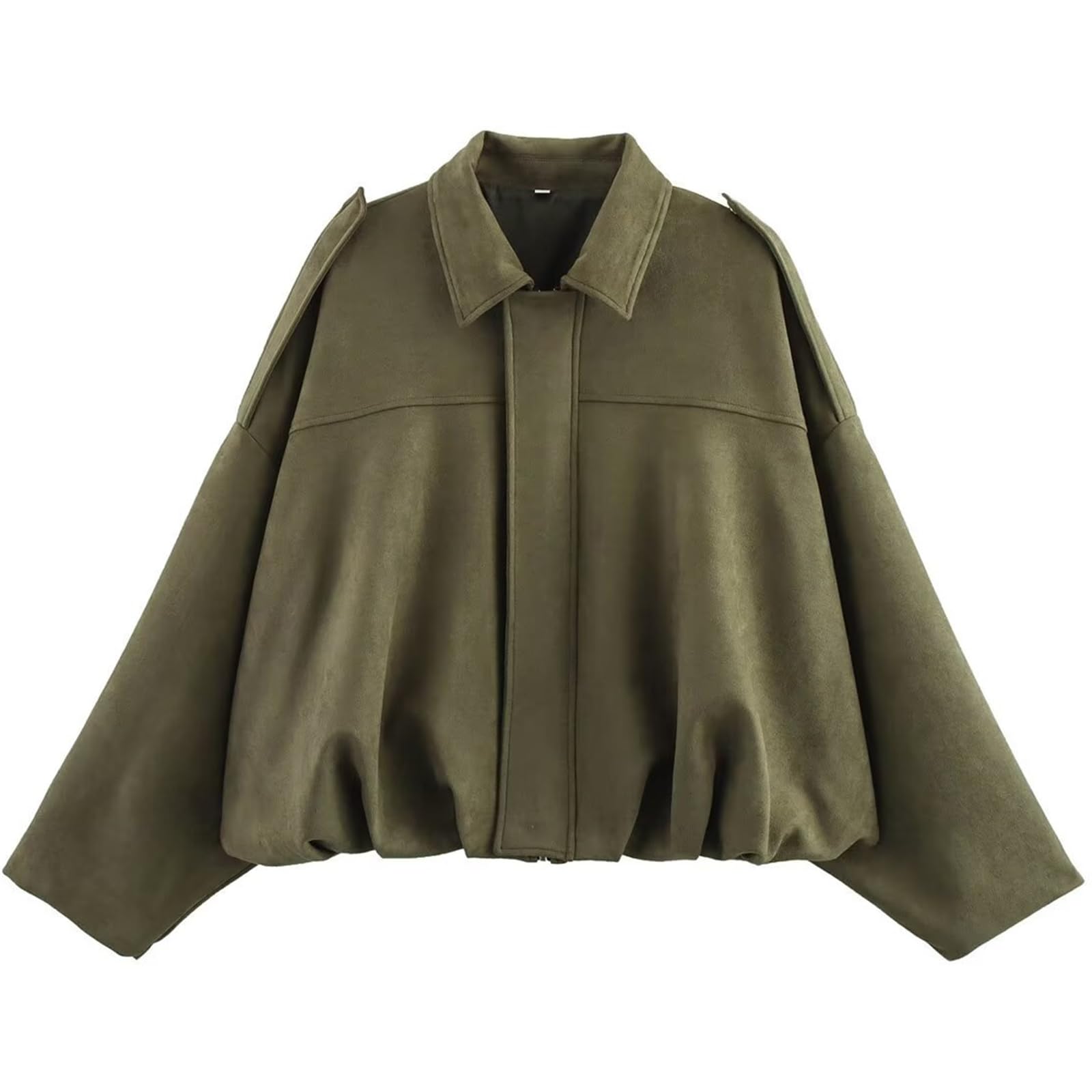 Csvinkiko women's faux suede bomber army green front view, versatile for everyday outfits.