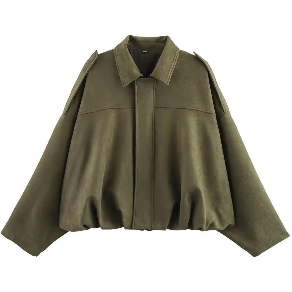 Csvinkiko women's faux suede bomber army green front view, versatile for everyday outfits.