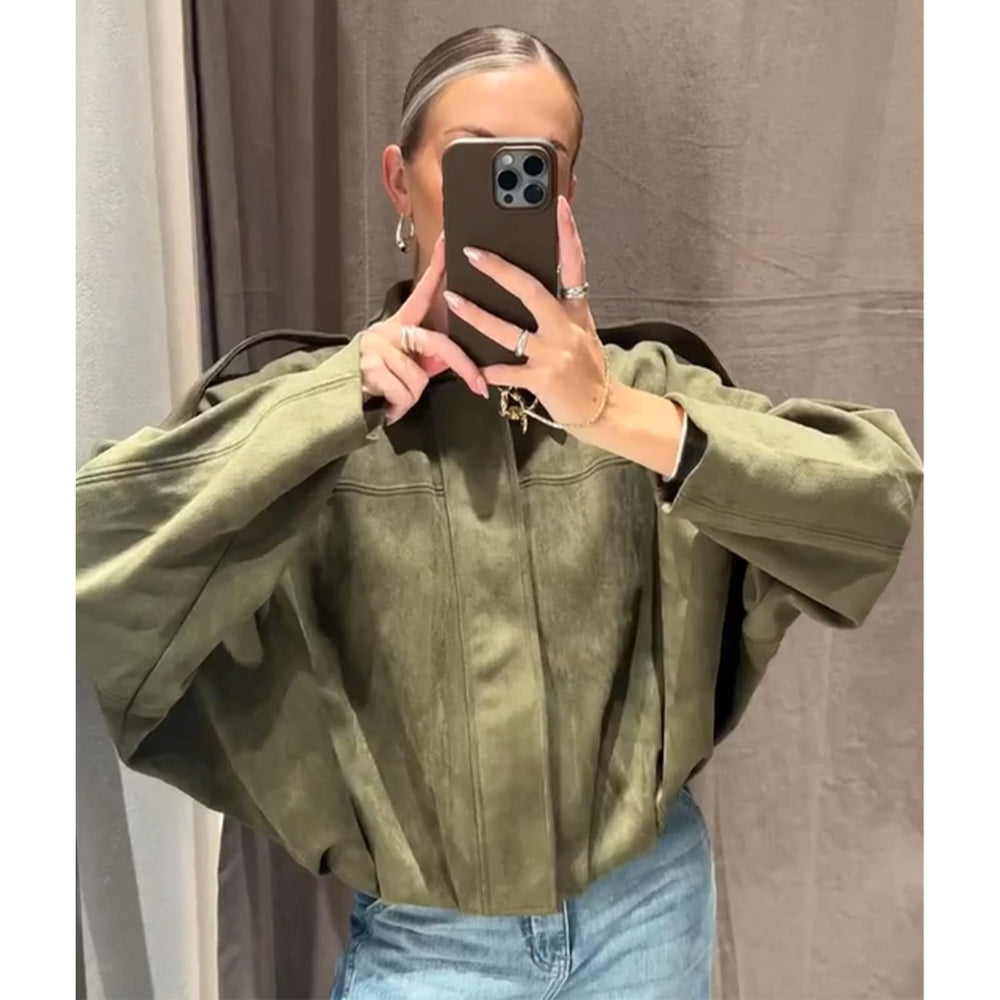 Csvinkiko women's faux suede bomber army green shoulder epaulets for edgy style.
