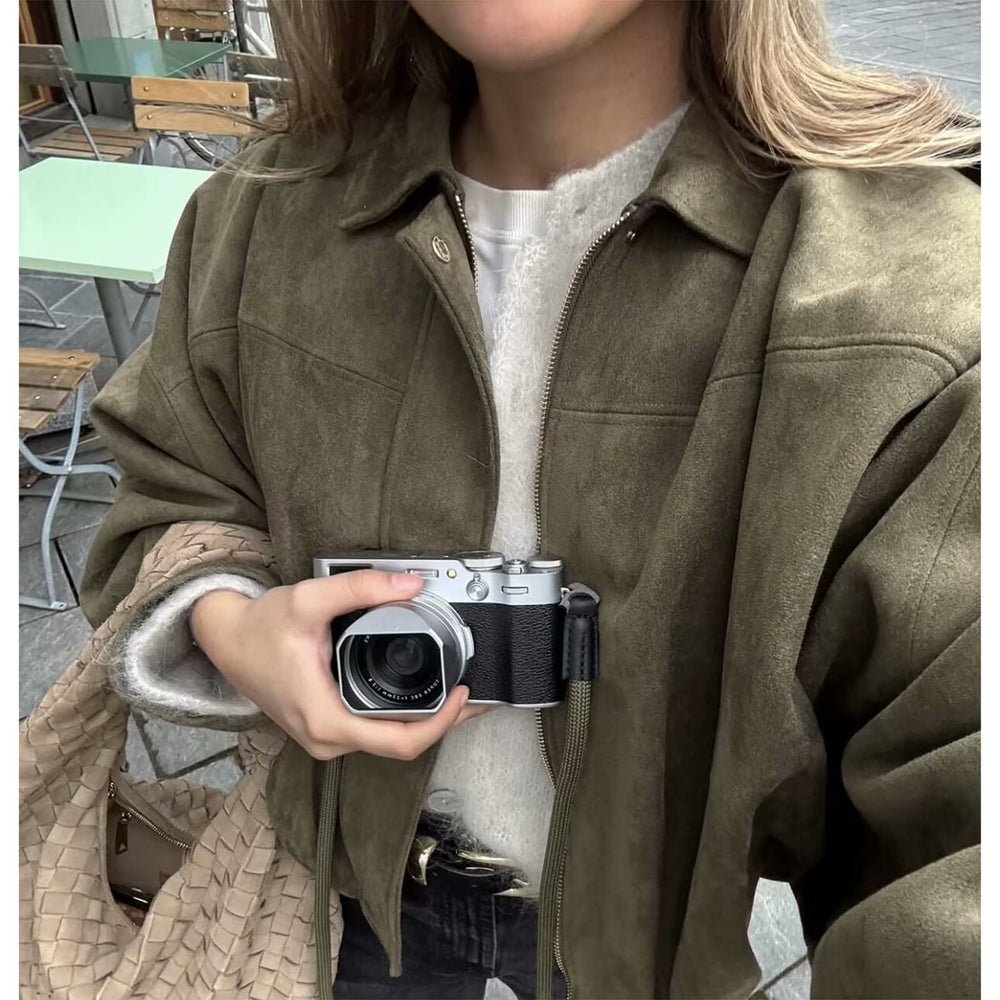 Csvinkiko women's faux suede bomber army green streetwear look, perfect for fall layering.