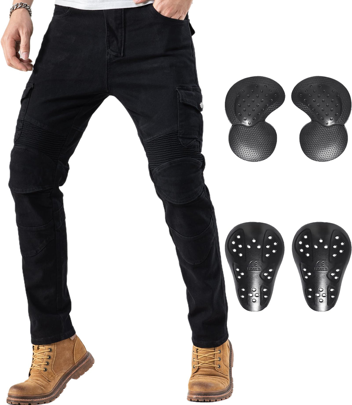 CTBQiTom motorcycle pants front view highlight stretch denim for all-day riding comfort.