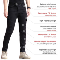 CTBQiTom stretch denim for urban ride shows versatile wear from riding to casual outings.