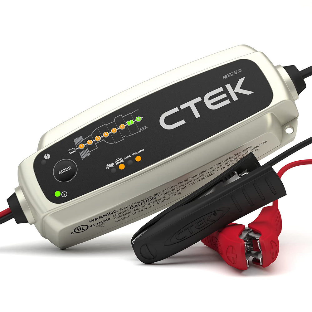CTEK MXS 5.0 front view, compact 12V charger for cars and bikes.